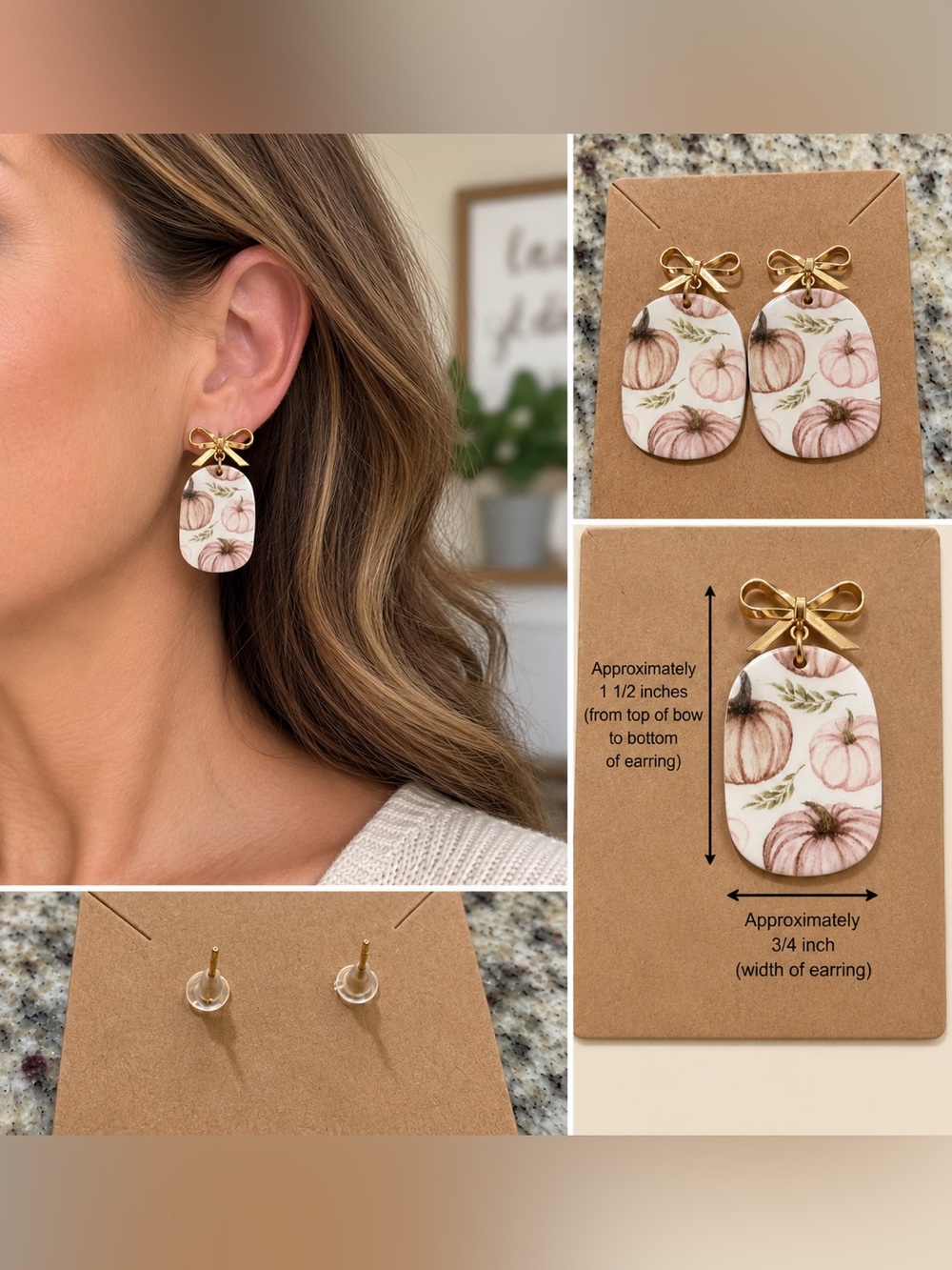 Handcrafted Pumpkin Bow Dangle Earrings Gold Tone Fall Autumn Jewelry New